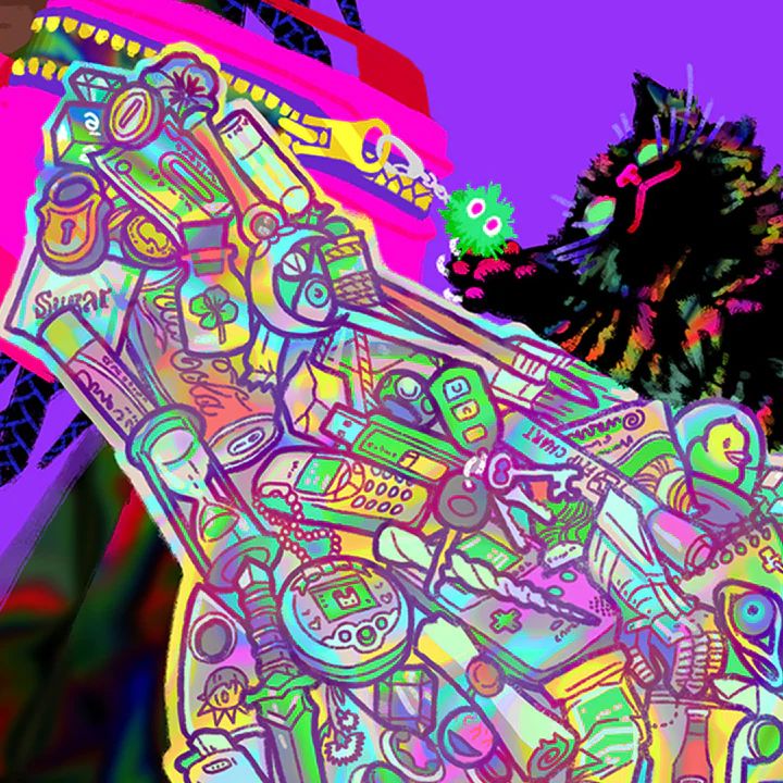 cropped view of some digital art featuring a rainbow waterfall of random junk pouring out of a purse. a black kitten with rainbow stripes yanks on a keychain, tearing the purse open. items include: a unicorn horn, a gameboy, sailor moon's wand, a ketchup packet, paint, a magic scroll, cash, chapstick, lighter, gems, and an hourglass.