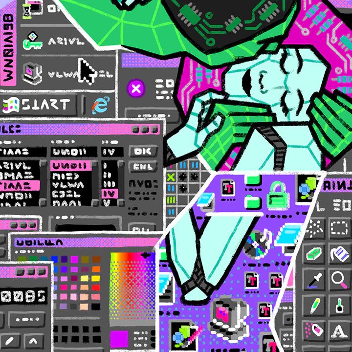 zoomed in view on details of some colorful digital art. it's a redraw of gustav klimt's "the kiss" in a futuristic style. the embracing characters are an android and a wireframe model. their clothing is patterned with classic windows 98 UI in inverted colors. the text is all jibberish.