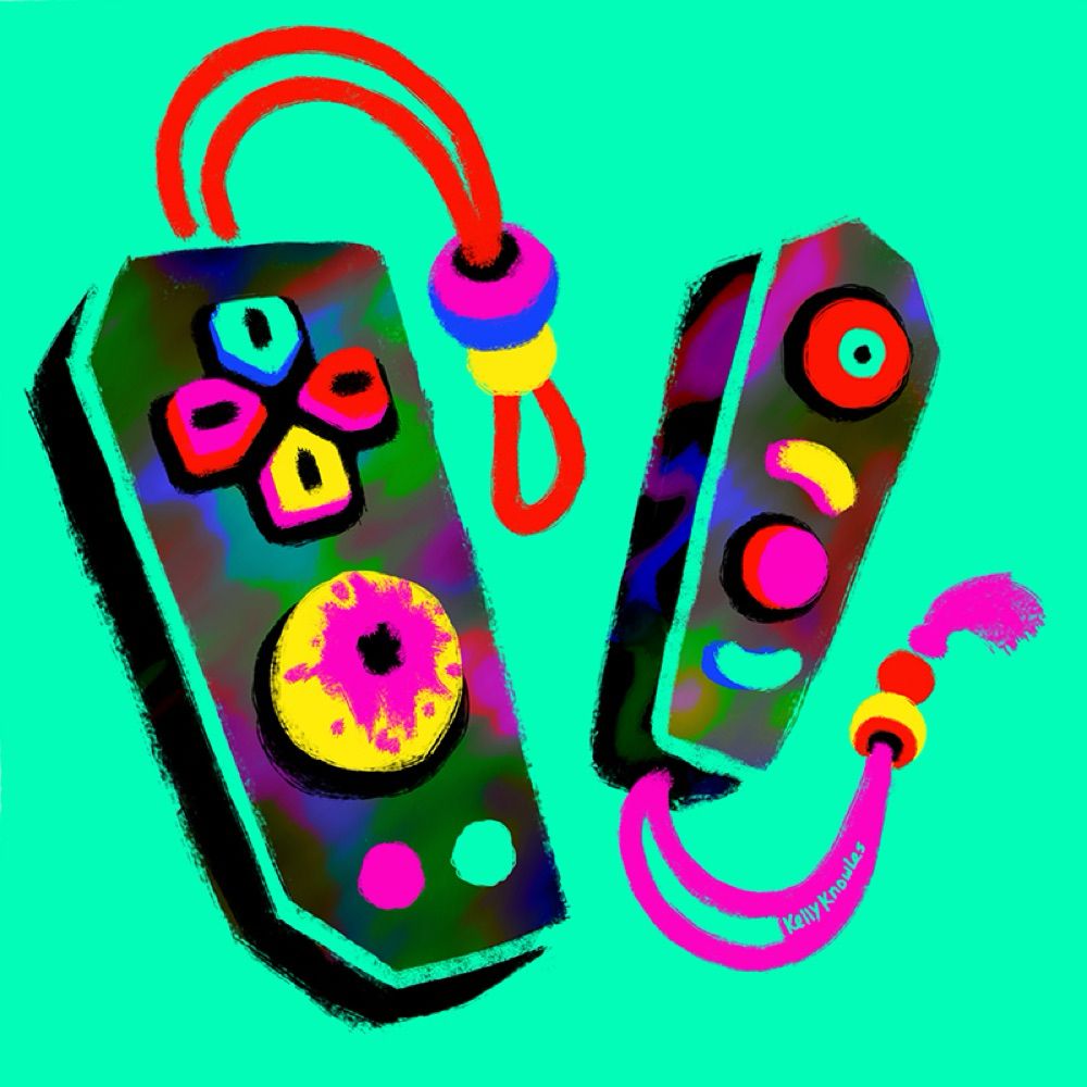 digital drawing of a set of wii mote controller monsters on a bright cyan background. the cords from the previous generations of controllers have become little wrist straps with colorful beads at the ends. each has a single large eyeball in place of some buttons.
