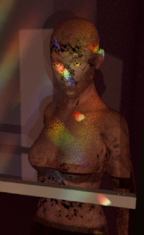 partly rendered 3d mockup of a woman with shadows and small rainbows projected onto her. there's a bug with the shadows, they're adding a rippled texture to her skin that looks like holes. she looks like a dissolving zombie.