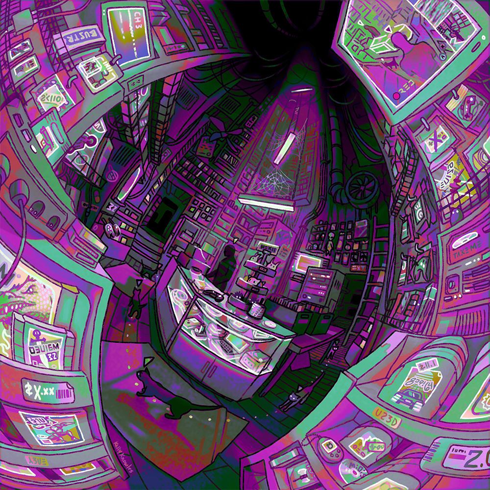 digital drawing of a cluttered and dimly lit store in a fisheye perspective. a sickly green artificial light contrasts against dingy purple shadows. endless shelves are stacked high towards a ceiling that disappears into darkness. every surface is covered in tech junk. you can see the details of some video game labels on the shelves in the foreground. a dragon, a cyborg, a race car, a space ship. they feel vaguely familiar, but the text is gibberish.
