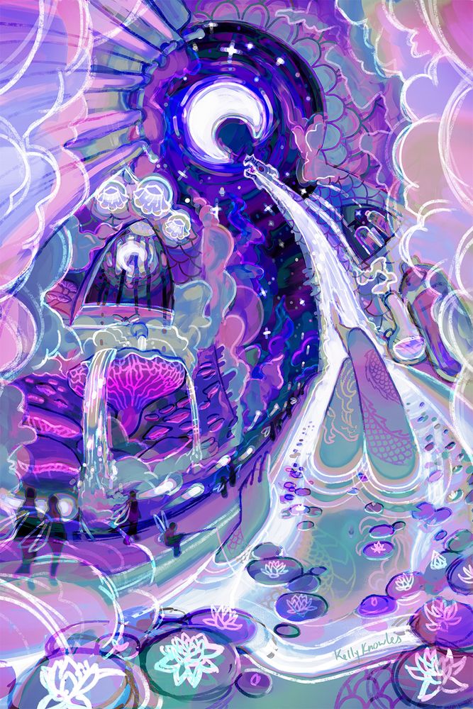 rough digital painting in pinks, purples, and blues. a slightly warped first-person perspective of a woman taking a bath in a magical fairy world. abovehead is a big bright crescent moon and stars. a stone dragon head reaches up towards the moon, and spilling down from its mouth is a long waterfall that fills the tub. a woman has one leg up with a foot resting in the waterfall. a tummy is visible beneath the ripples and lily pads. the water appears to be glowing, with billowing clouds of steam rising from it. a hand reaches out of the water to rest on the edge of the tub, along which walks a bunch of tiny transparent shadow figures with wings. one sits with a fishing rod. across the other side of the bathroom is an overflowing mushroom-shaped sink. smaller mushrooms climb the wall around the sink. the moon is reflected in a wet mirror above the sink with three flower shaped lamps. among the soaps and bottles next to the tub is a bong with smoke rising from it.