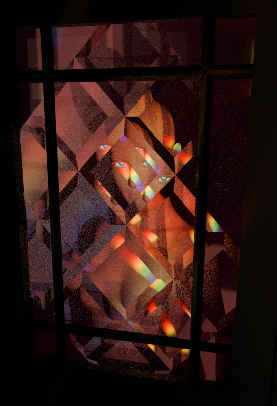 unfinished 3D model of a woman behind a beveled glass door at sunset. her eye's reflections are repeated across the glass's facets. there's some small rainbow light beams shining on her face and body.