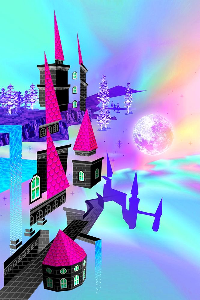 surreal artwork of a fragmented castle floating in the sky in the style of a retro video game. think roger dean, but geometric. the shapes are simplified as if a low poly model, and the textures are pixelated. a broken chain of hills with floating pixel trees hang behind the castle, extending into the distance towards a large moon. there are a few small waterfalls falling forever into the sky below. it has a cotton candy color scheme, with the sky background yoinked from spyro on the ps1. 