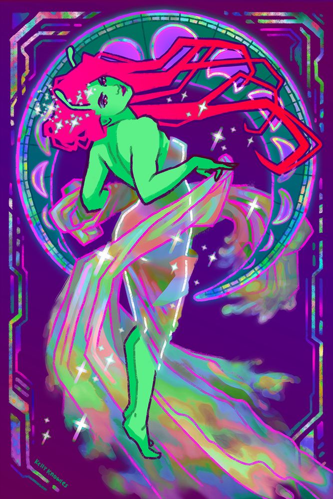 colorful digital redraw of alphonse mucha's "dance." a green alien lady wearing a dress made of nebulae twirls in front of a crescent moon motif. there are stars in her hair that trail down around her and across the canvas. she's looking over her shoulder at the viewer, with a dainty hand holding a flowing piece of fabric.
