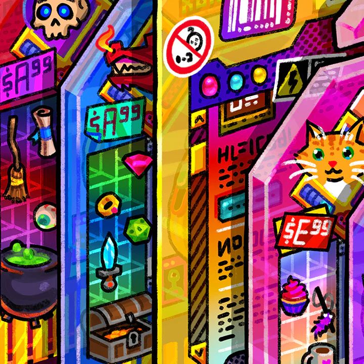 cropped view featuring the details of some digital art. it's a row of tamagotchi-style toys in colorful packaging. they each have a different creature as well as an inventory of themed items. there's a cat with cafe items, a dragon with fantasy items, and a skull with witchy items. the text is all jibberish.