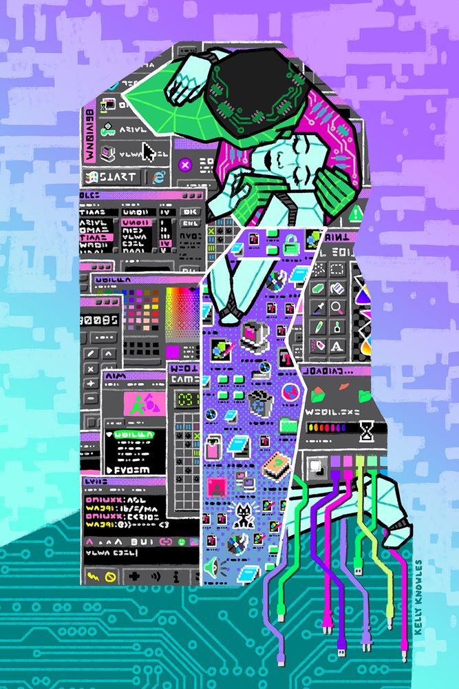 a digital redraw of gustav klimt's "the kiss" where a green wireframe man embraces a demure android woman, kissing her cheek. classic windows 98 UI styled patterns adorn their clothes. the man's drapery features a bunch of overlapping windows, all with gibberish text and inverted colors. the woman's dress is filled with lots of different desktop icons in varying sizes. there's a faint glitchy cloud texture over the background, and the hill they kneel on is covered in circuit patterns and loose plugs.