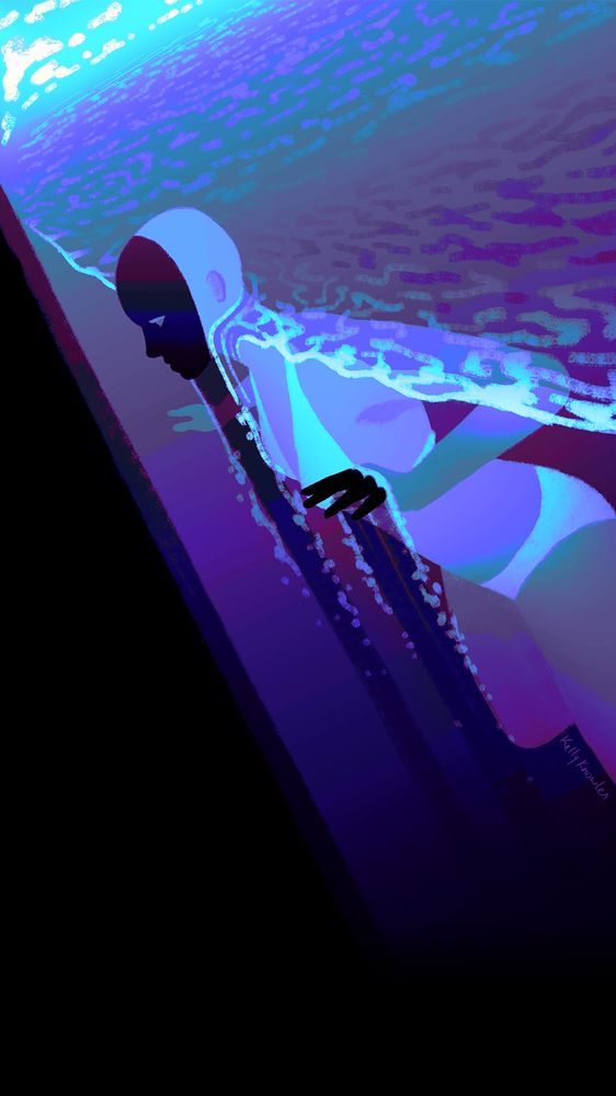 simple drawing of a figure swimming in the ocean. there’s an invisible wall where the water ends, as if looking at a cross section of the ocean. the figure is peeking through the edge and down into a sprawling black void. the parts of her face and fingers that breach the wall are obscured by shadow.