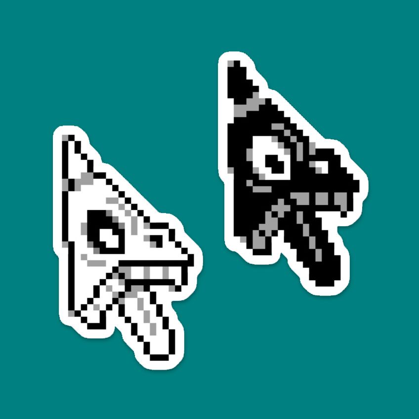 two versions of the same pixel art monster sticker. they're shaped like computer cursors with a big mouth and eyeball. there's a white version and an inverted black version.