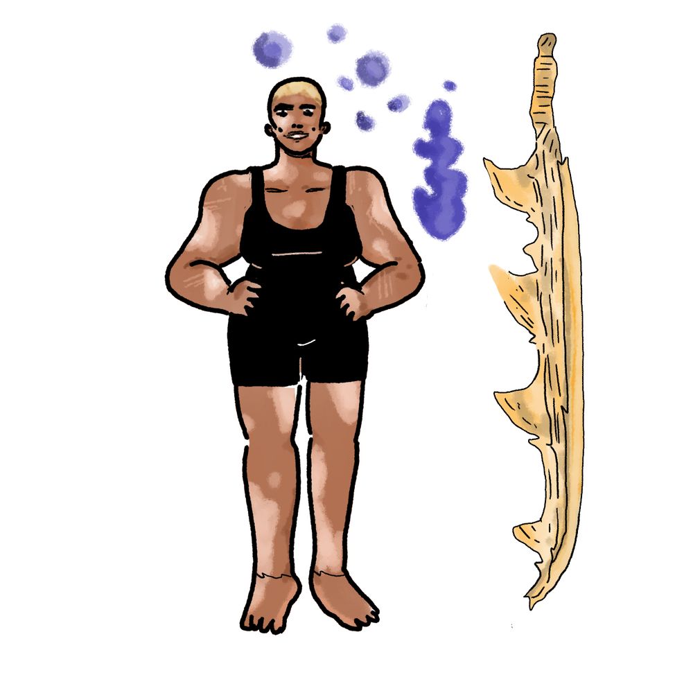 a tall brown skinned woman with vitiligo in a black one piece swim suit with blonde hair. she is buff and smiling. beside her is a shark jaw fashioned into a sword