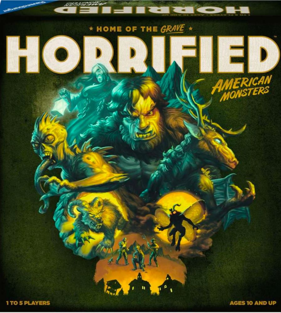 Box art for Horrified: American Monsters. It features the Chupacabra, the Jersey Devil, Sasquatch, and Mothman
