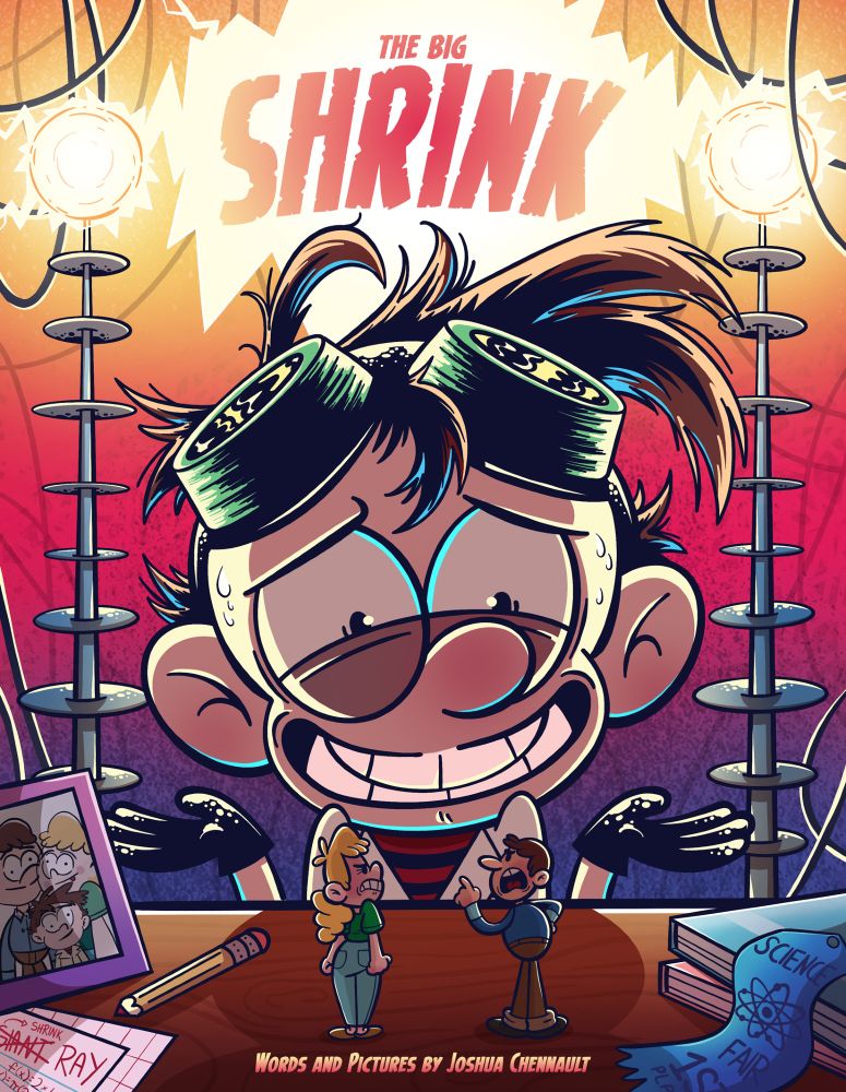 Cover for The Big Shrink. Jeremy nervously, yet gleefully shrugs after shrinking his parents down to the size of action figures.