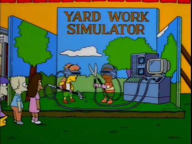 screenshot of the Simpsons episode where kids have virtual reality headsets on and are doing virtual yard work 