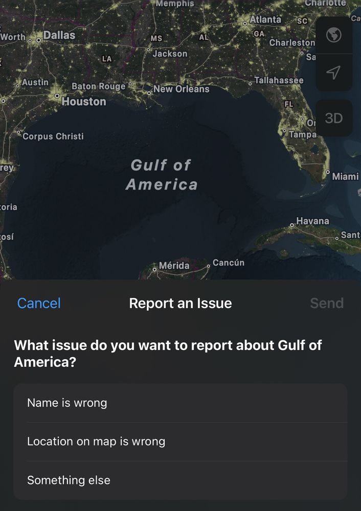 A screen shot of a map showing the name of Gulf of Mexico as gulf of America with a report an issue screen 