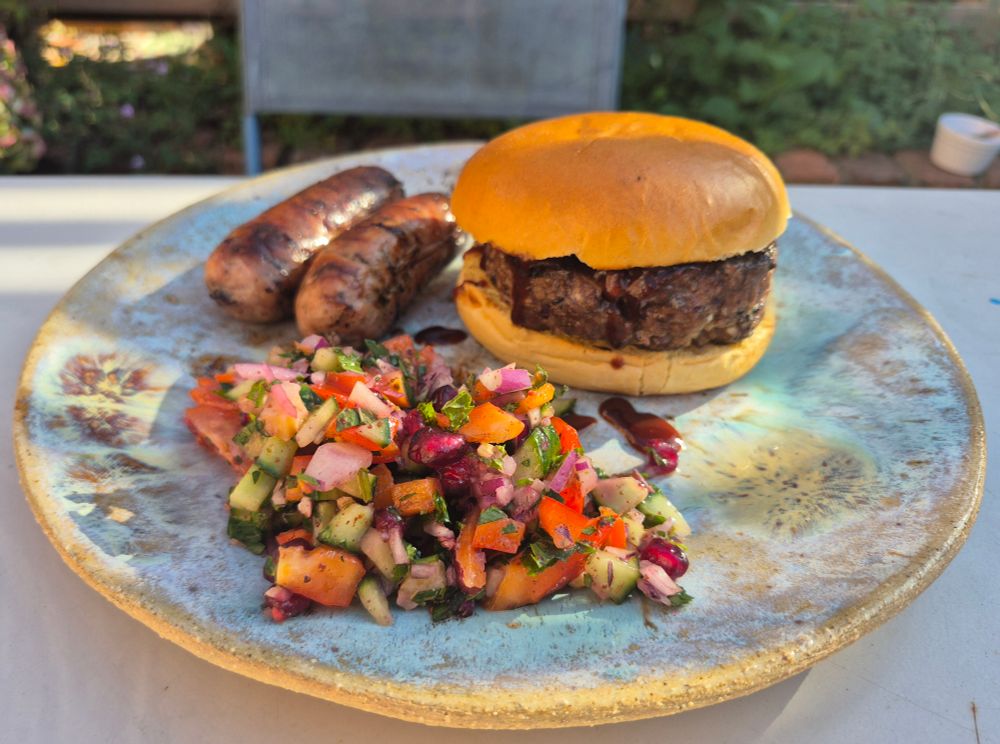 BBQ Burger, Sausages, Persian Salad