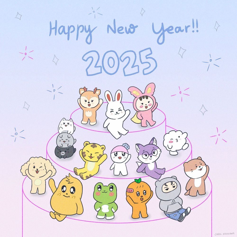 Imagem com a escrita Happy New Year com os personagens Miniteen e o mascote do fandom Carat.
Miniteen são mascotes promocionais do grupo de K-Pop Seventeen.