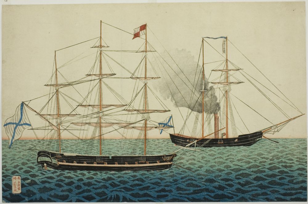 A drawing of two 19th century Russian warships. They are on a large body of water.