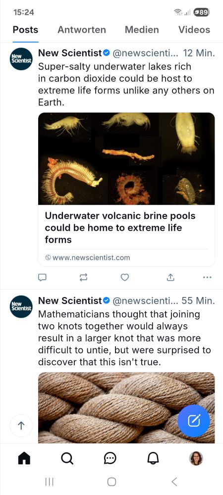 Feedeinträge des New Scientist zu extremen Lebensformen in vulkanischen Tiefseepools und der Mathematik von Knoten