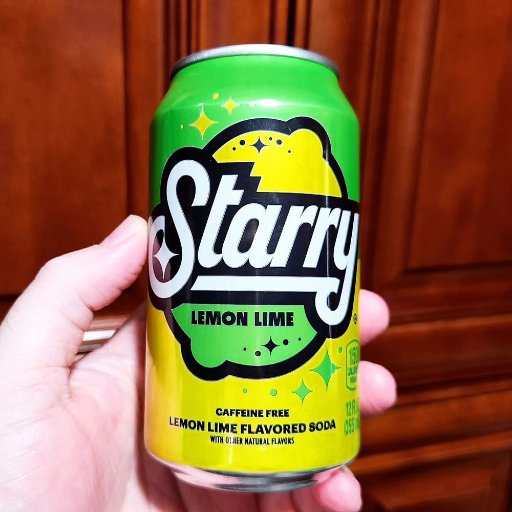 A can of Starry lemon lime soda. It looks like something a video game character would drink.