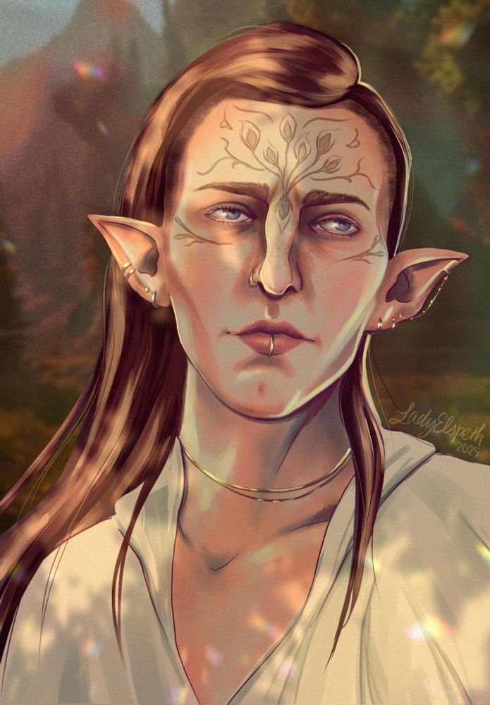 Close up of Solas with long hair, standing outside, with sunlight dappled on his face. He has a vallaslin inspired by his spirit form. He wears a piercing in the center of his lip, one in his nostril, and several in his ears. 