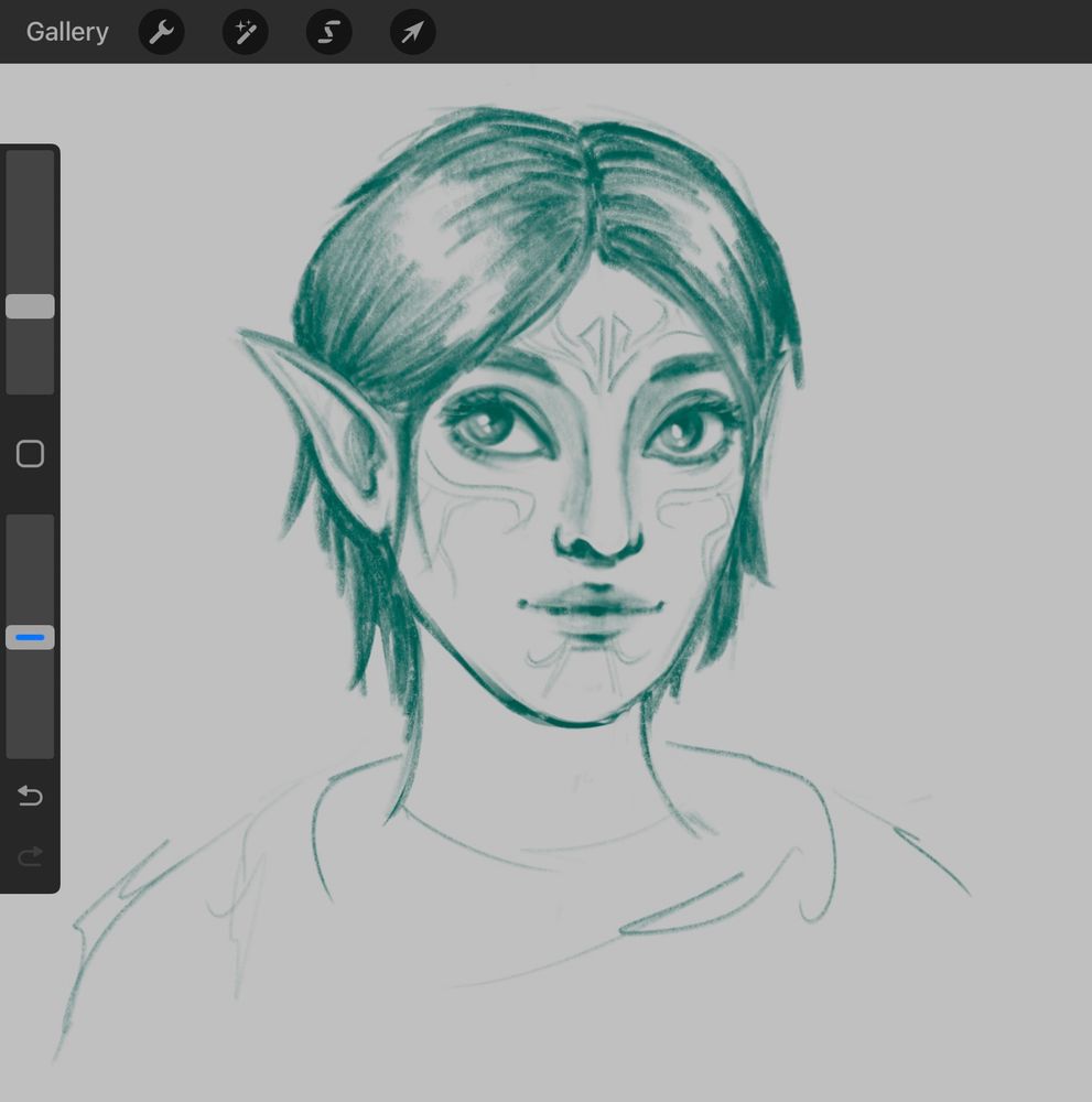 A sketch of Merrill in green pencil. Her eyes are large and she has a slight smile on her face. 