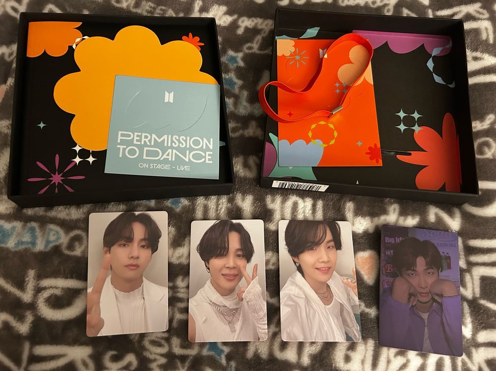 BTS Permission to Dance Live album with photo cards of Taehyung, Jimin, Yoongi & Namjoon