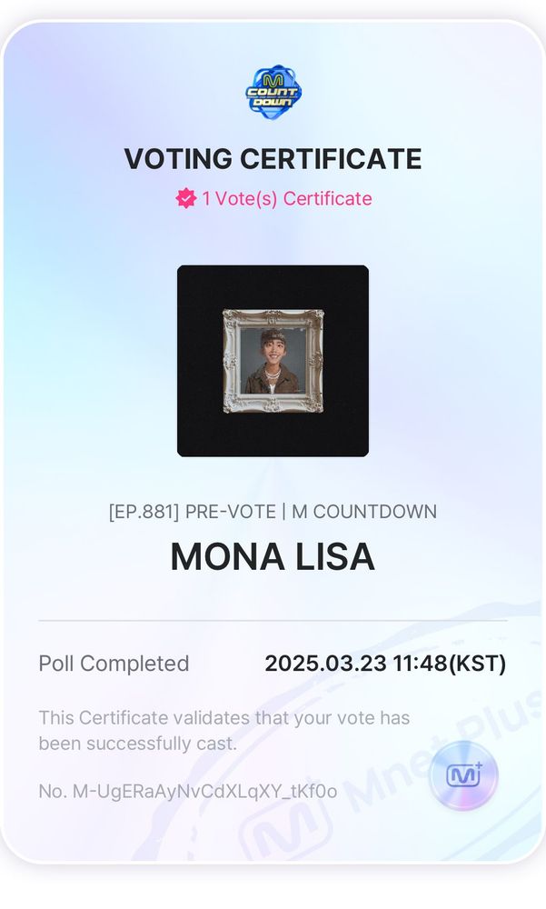 MNet voting certifcate for JHope Mona Lisa