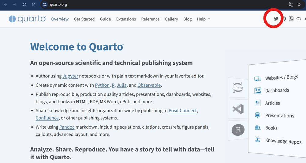 Quarto website displaying a link to the inactive @quarto_pub Twitter account.
