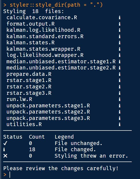 The {styler} R package styling a whole directory with a single command in mere seconds.