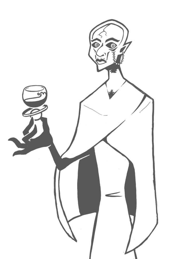 drawing of a robed creepy guy with a translucent head showing the skull beneath, holding a weird floaty glass