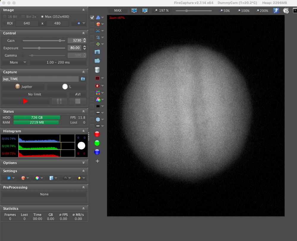 The dummy cam in FireCapture, showing Jupiter and some of the knobs you can twiddle to change the settings of the data taking.