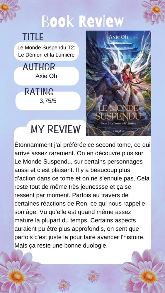 Mon avis sur le tome 2 du Monde Suspendu, Le Démon et la Lumière de Axie Oh.
