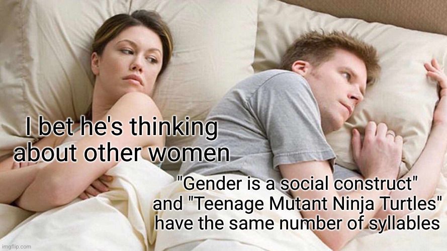 The "I bet he's thinking about other women" meme. The guy is thinking "'Gender is a social construct' and 'Teenage Mutant Ninja Turtles' have the same number of syllables."