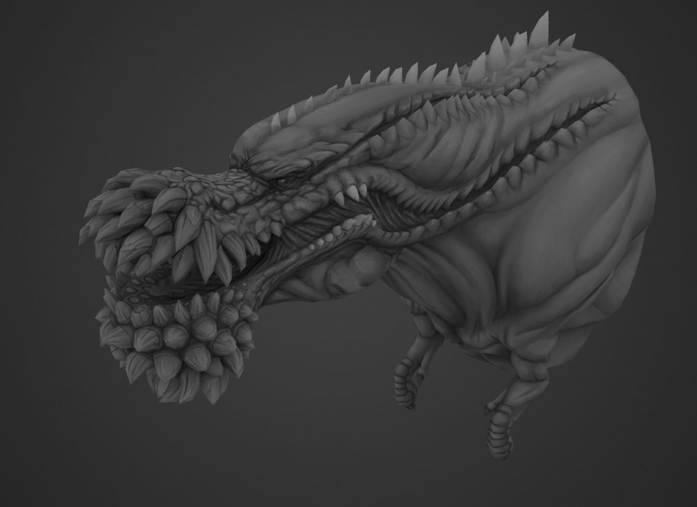 Bust of Deviljho in progress, greyscale texture.