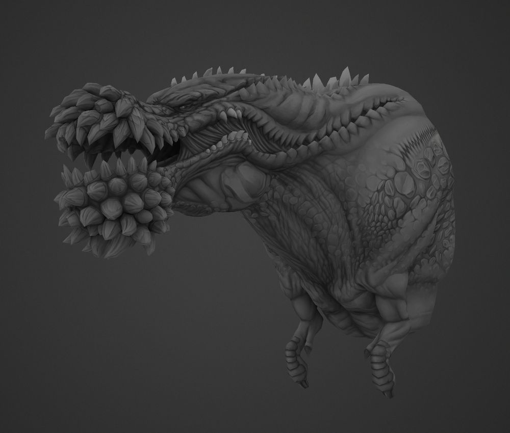 Deviljho greyscale bust. A dinosaur, with short T-rex like arms, with MASSIVE tooth growths on the end of its upper and lower jaw.
