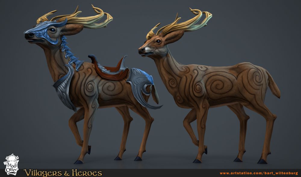 on a grey background, 2 brown deer, next to each other, facing tot he left. The left deer wear a silver armor, and saddle. It has a helmet, neck, chest and... butt? guard. Its body is covered with a elegant swirly design that seems to be embossed into the skin. The deer on the right, is the alternative version without the armor and saddle.
