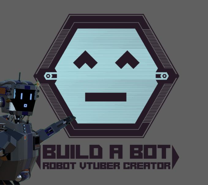 CGM-396, a blue and grey robot pointing excitedly towards a logo in the background. The logo is a grey hexagon with sci-fi markings. Inside the hexagon is a simple cheery emoticon face (^_^) on a blue, hologram-like background with scanlines.