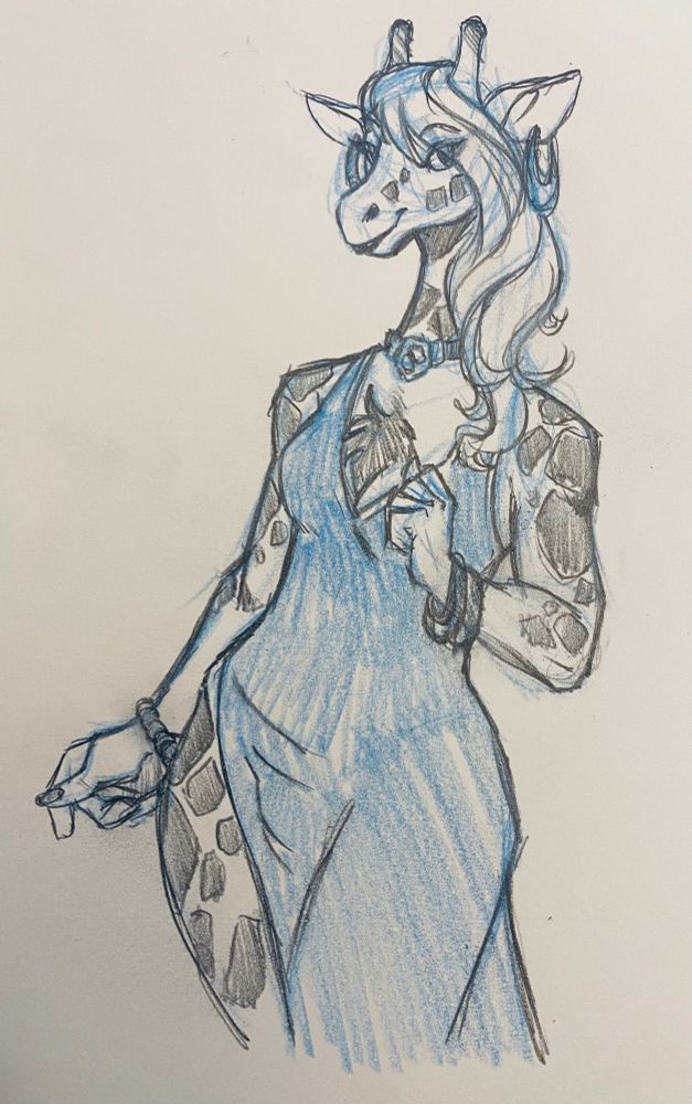 A thigh-up sketch of a non-binary giraffe with feminine features. They are dressed in a blue dress. They have shoulder-length hair and large earrings in both ears. A choker sits around the base of their neck and bangles on either wrist. Their nails are painted. They have a patch of fluffy dark fur between their breasts and a light bulge between their legs creasing the dress. One thigh is exposed from the dress.