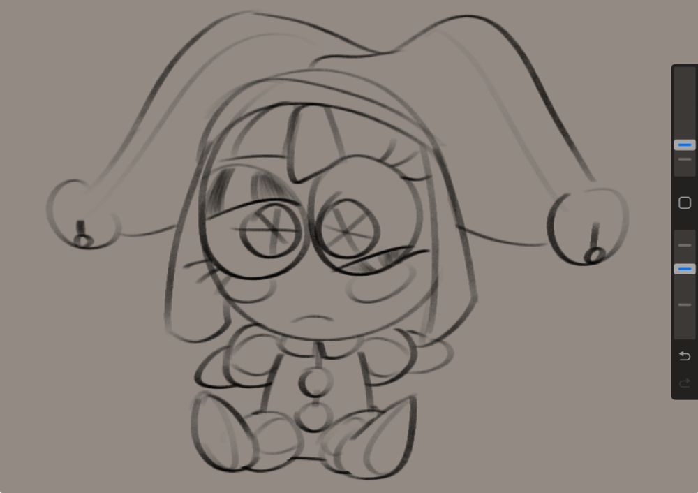 A digital sketch of a confused-looking Pomni from the Amazing Digital Circus as a plushie.