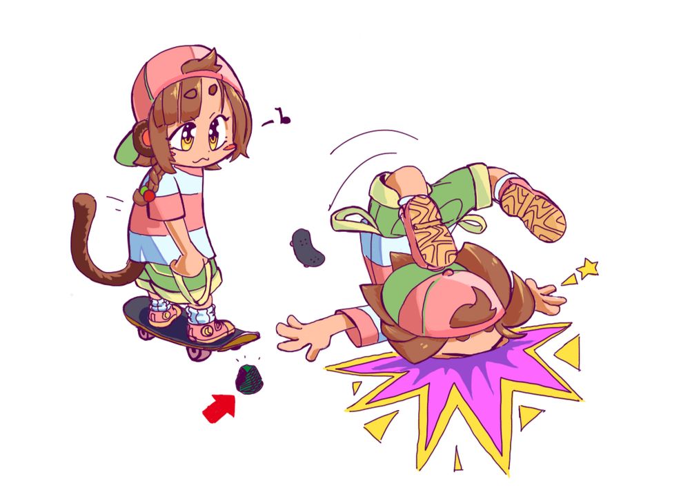 Mumkey falling on her face after rolling over a large rock.
