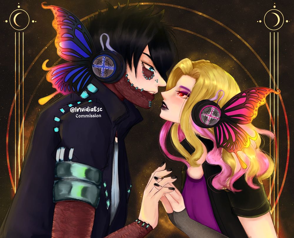 Magnet Pose Couple where the character looks at each other as they are almost to kiss, with their fingers intertwined. 
Dabi and Ella. 