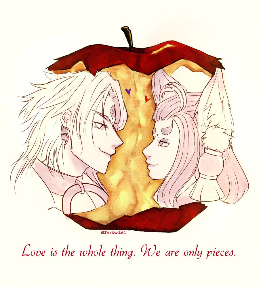 Drawing of Orochi and Tamamo no Mae from Onmyoji, looking at each other, Apple meme trend. It is wrote "Love is the whole thing. We are only pieces."