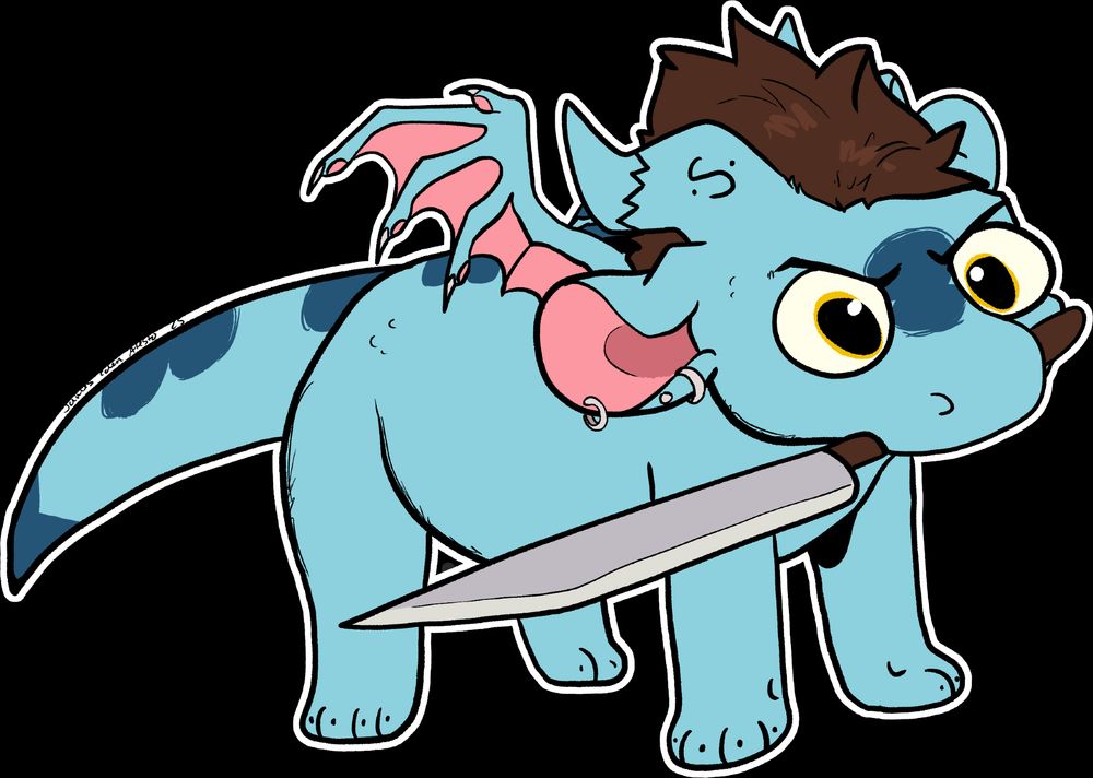 a picture of Sciggles the blue dragon.  she has a knife in her mouth.