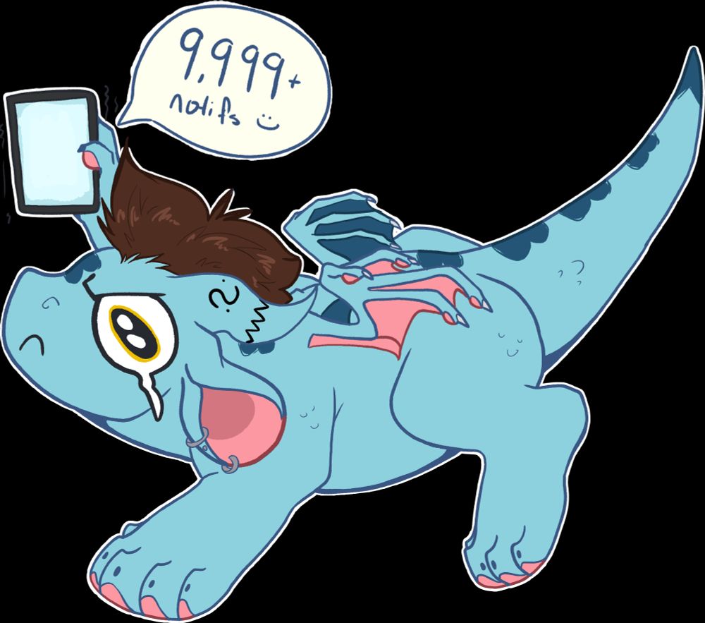 a picture of Sciggles the blue dragon.  She is angrily crying while holding up her phone that has 9,999+ notifications