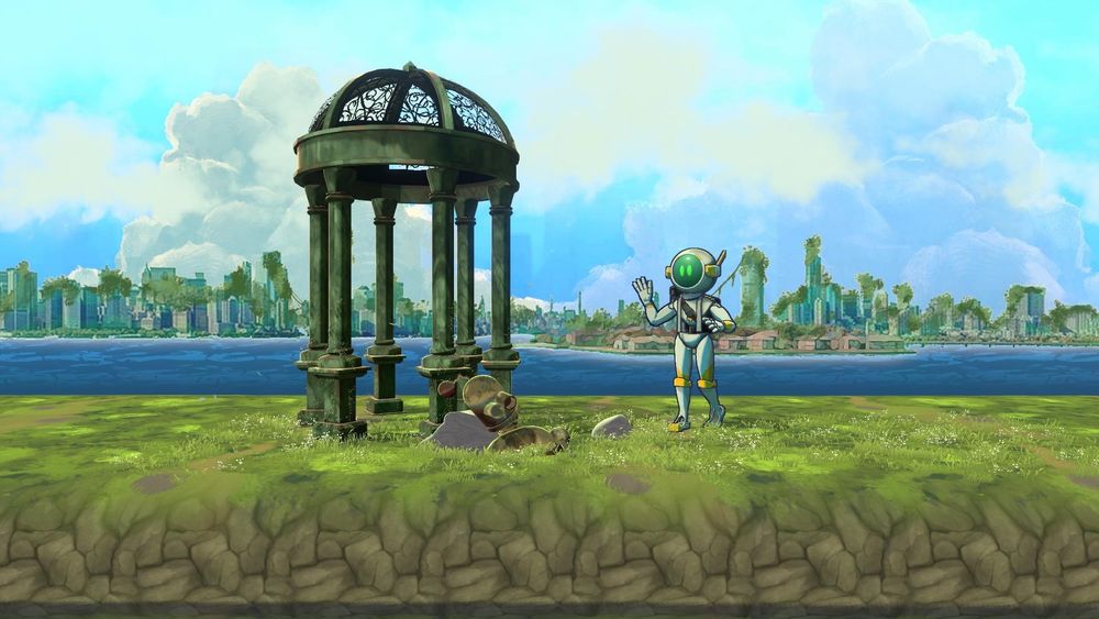 A humanoid robot standing next to a gazebo with the broken remains of another robot near its feet. A distant, overgrown city sits in the background.