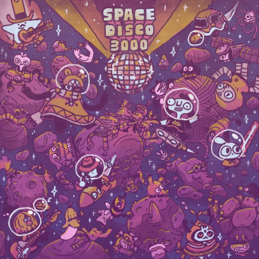 A digital drawing of many of my old doodles on planetoids and floating in space under a big disco ball with the text 'Space disco 3000.'