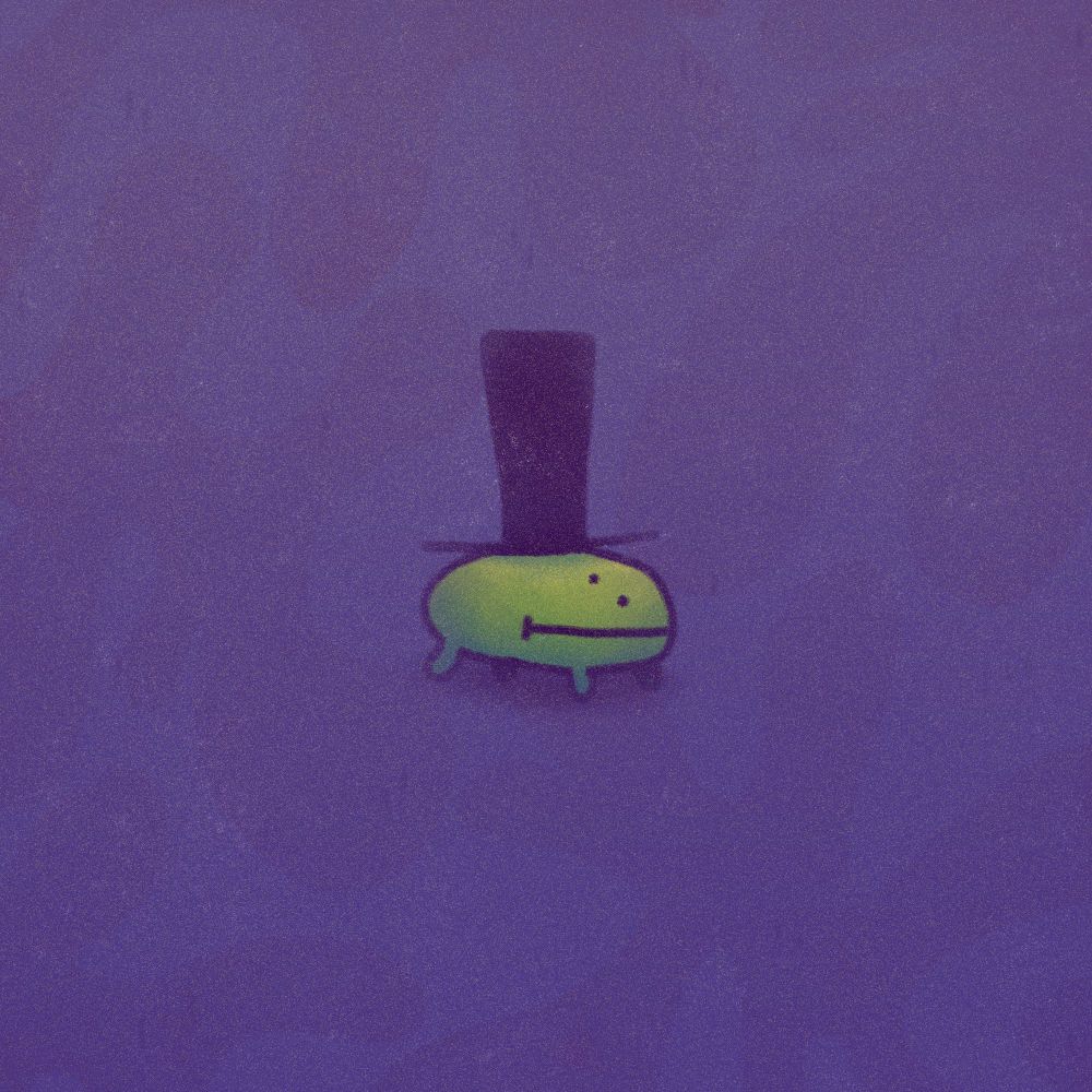 A digital drawing of a very round frog with a big top hat.
