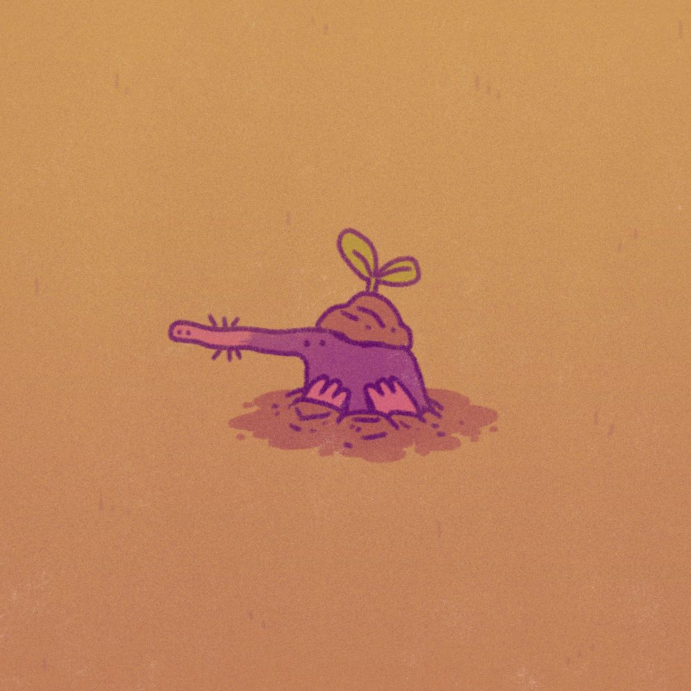 A digital drawing of a mole sticking out of the ground with a mound of dirt and a plant on their head.