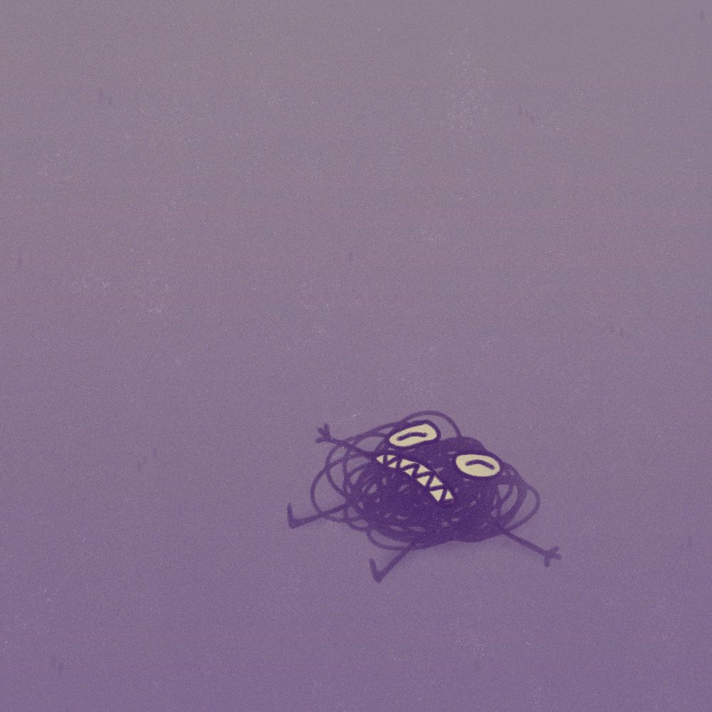 A digital drawing of an anxious scribble, lying on the floor.