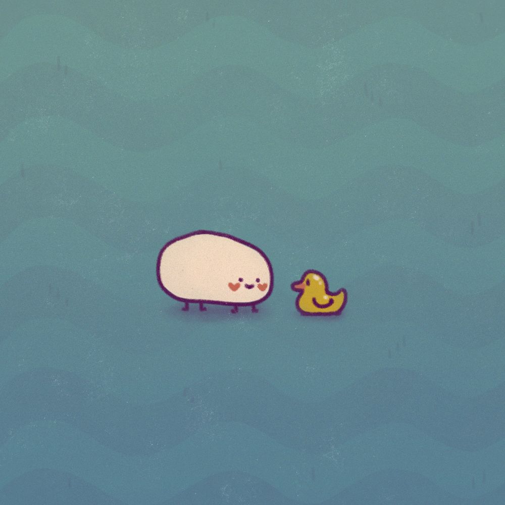 A digital drawing of a cute little blob guy with hearts on their cheeks trying to befriend a rubber duck.